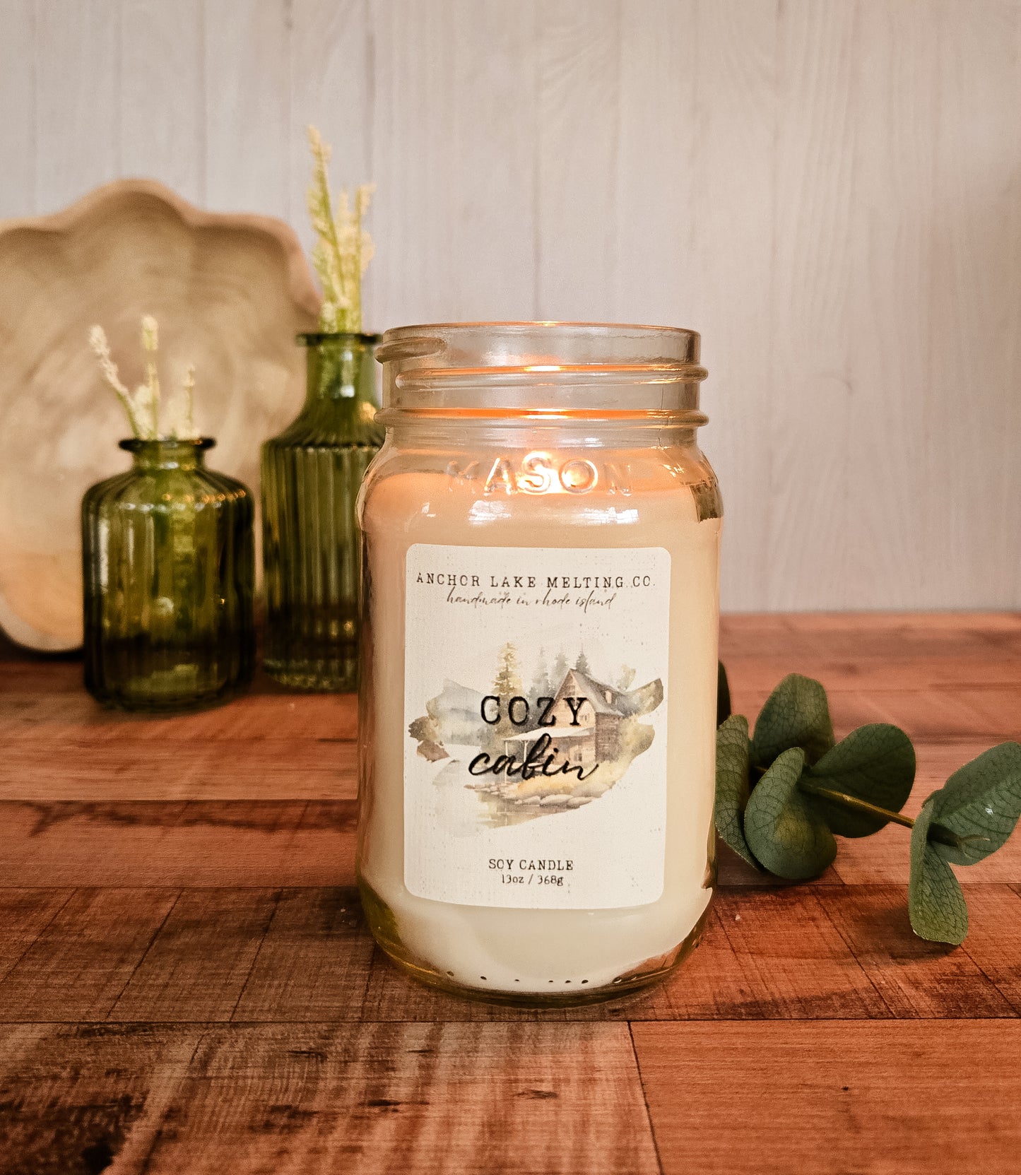 Cozy Cabin Soy Candle – Amber & Juniper Spice – Wooden Wick Mason Jar