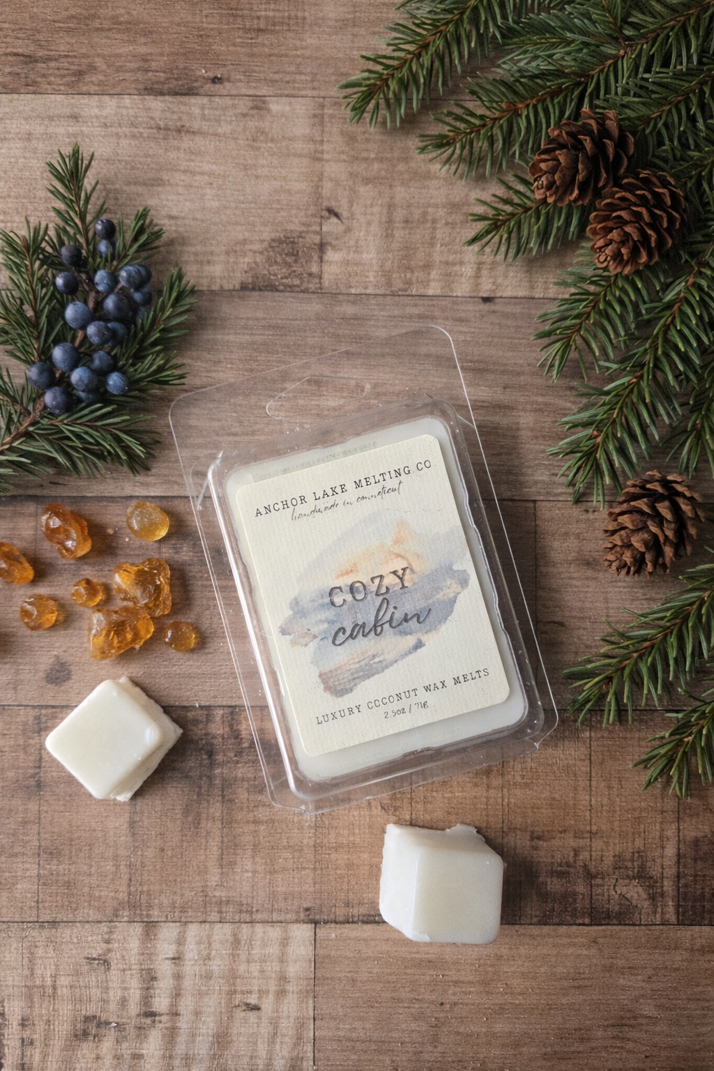 Cozy Cabin Coconut Wax Melt – Salted Amber & Juniper Spice Scent