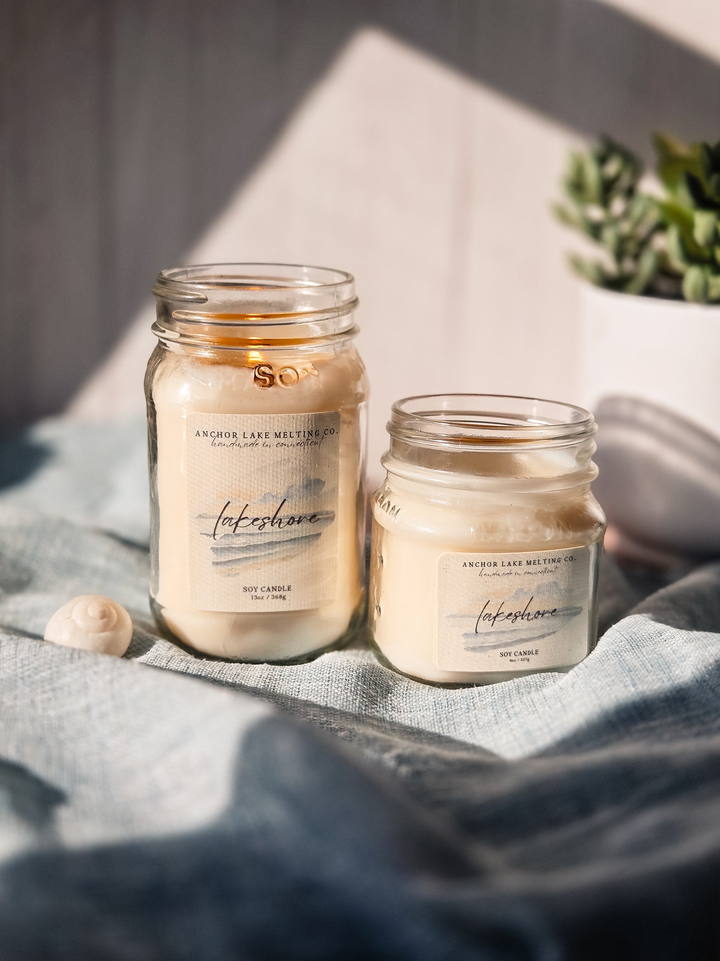 Lakeshore | Aquatic Amber & Oakmoss | Soy Wax Mason Jar Candle with Wooden Wick
