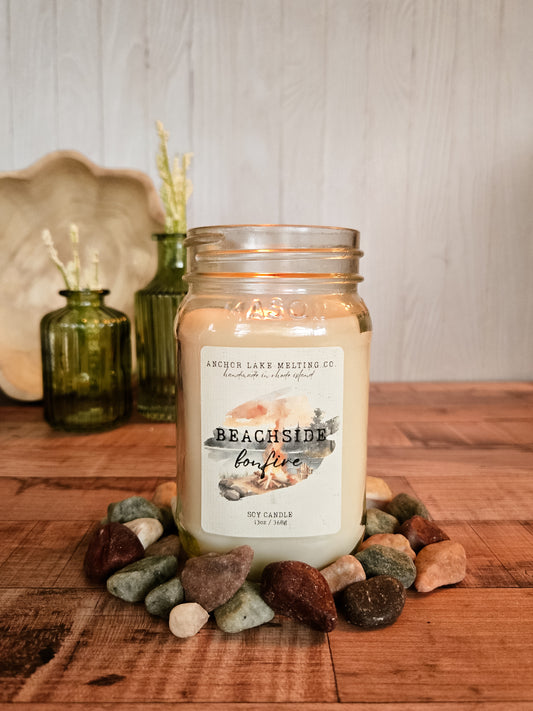 Beachside Bonfire | Sea Air, Smoke & Charred Wood | Soy Wax Mason Jar Candle