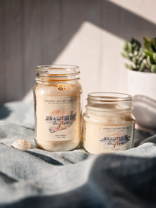 Beachside Bonfire Soy Candle – Sea Air & Smoke – Wooden Wick Mason Jar